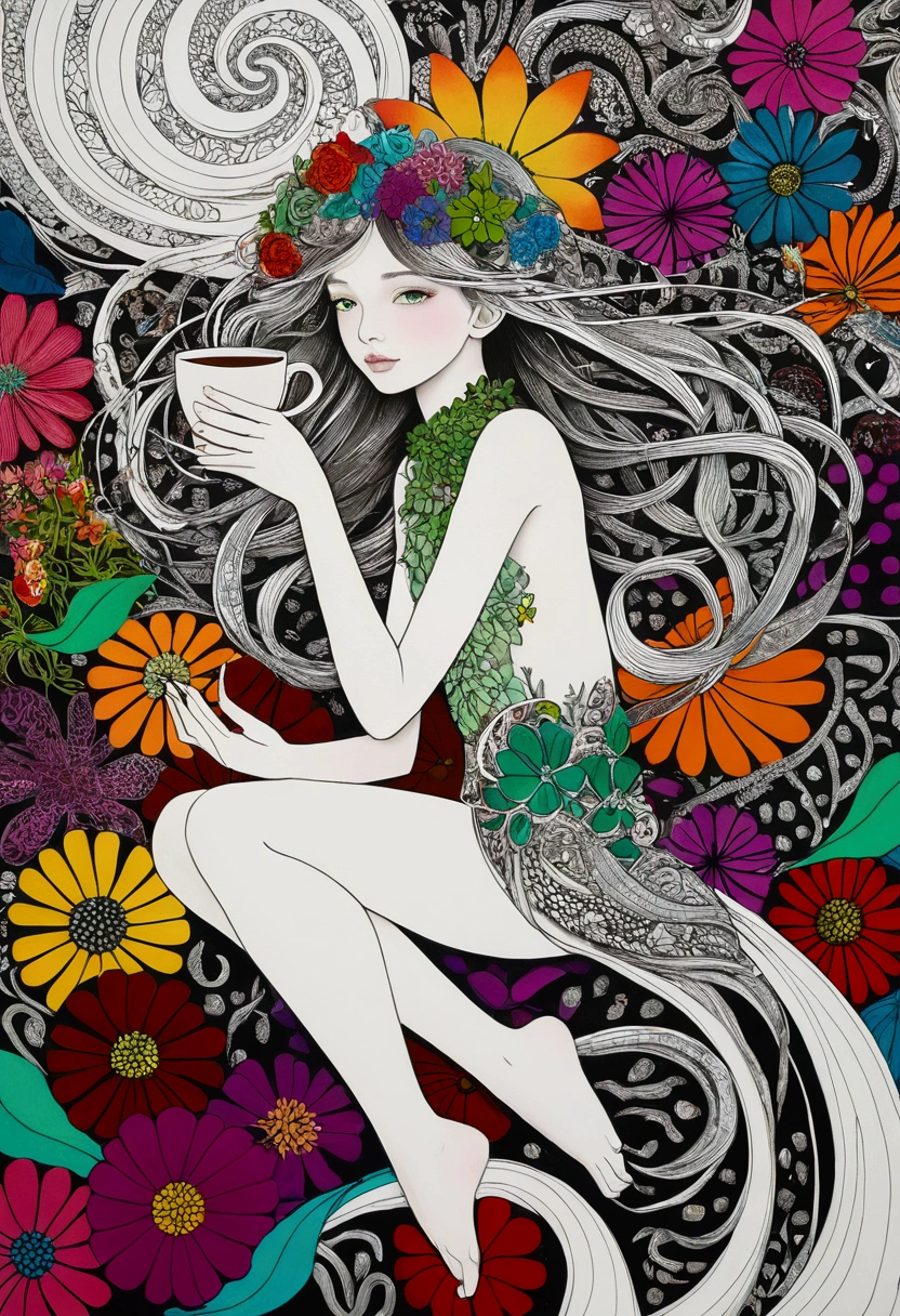 Coffee cup,Official Art, colorful, Very detailed, whole body, beautiful, masterpiece, Highest quality, (zenTangle, colorful, Tangle, enTangle), (Flower :1.2) Dynamic Angle, Girl, the most beautiful form of chaos, elegant, Brutalist Design, Vibrant colors, Romanticism, whole body,The background is silver&green: Surrounded by a white aura、god々Shii、An illustration、12 yearbody
