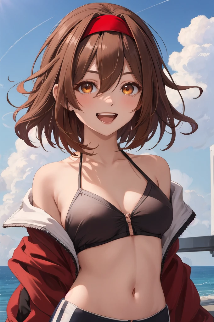 Highest quality, masterpiece, High resolution, alone, {White Dew_Fleet Collection:1.15}, brown_hair, brown_eye, hairband, red_hairband, smile, hair_flap, length_hair, red面, Open_mouth, short_hair, hair_between_eye, chest