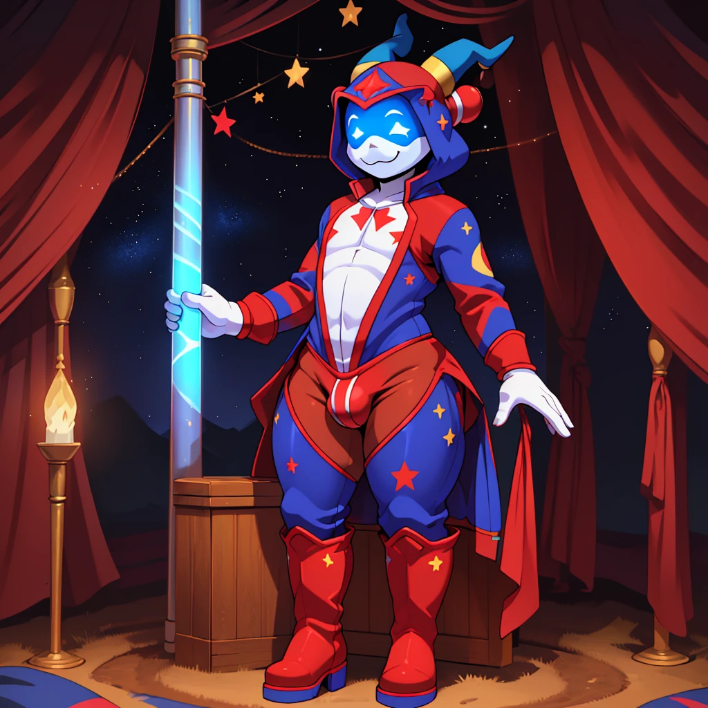 best quality, ultra-detailed, best illustration, masterpiece, high res (1boy:1.3), ((crossdresser)), (((1boy)))), (((solo))), ((((alone)))), ((lomg dark brown hair)), ((fully enclosed smiling white jester helmet)), ((blue glowing eyes)), ((jester hat)), (((faceless))), (((no face))), (((hidden face))), ((((brown skin)))), wide hips, narrow waist, thick thighs, standing in a circus tent, ((flat chest)), visible bulge, (((full body skin tight colourful(white blue red) jester suit with star decals))), (red boots), ((tall))