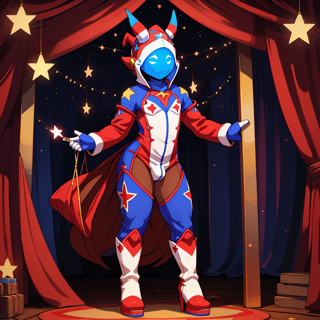 best quality, ultra-detailed, best illustration, masterpiece, high res (1boy:1.3), ((crossdresser)), (((1boy)))), (((solo))), ((((alone)))), ((lomg dark brown hair)), ((fully enclosed smiling white jester helmet)), ((blue glowing eyes)), ((jester hat)), (((faceless))), (((no face))), (((hidden face))), ((((brown skin)))), wide hips, narrow waist, thick thighs, standing in a circus tent, ((flat chest)), visible bulge, (((full body skin tight colourful(white blue red) jester suit with star decals))), (red boots), ((tall))