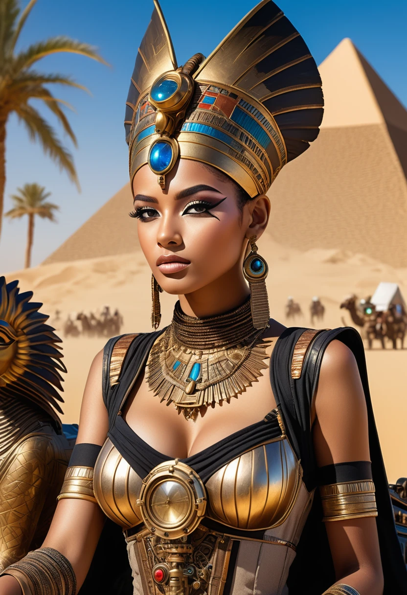 Ancient Egypt, A 19-year-old Egyptian steampunk princess rides through the desert on a steampunk transport Pharaoh Tutankhamun against the backdrop of steampunk pyramids, statues and palm trees, masterpiece, ultra-detailed, 4k , lots of intricate details, very detailed , Magnificent Anatomy, Gorgeous face, acrylic paint, airbrush, careful drawing of small details, clear thin lines