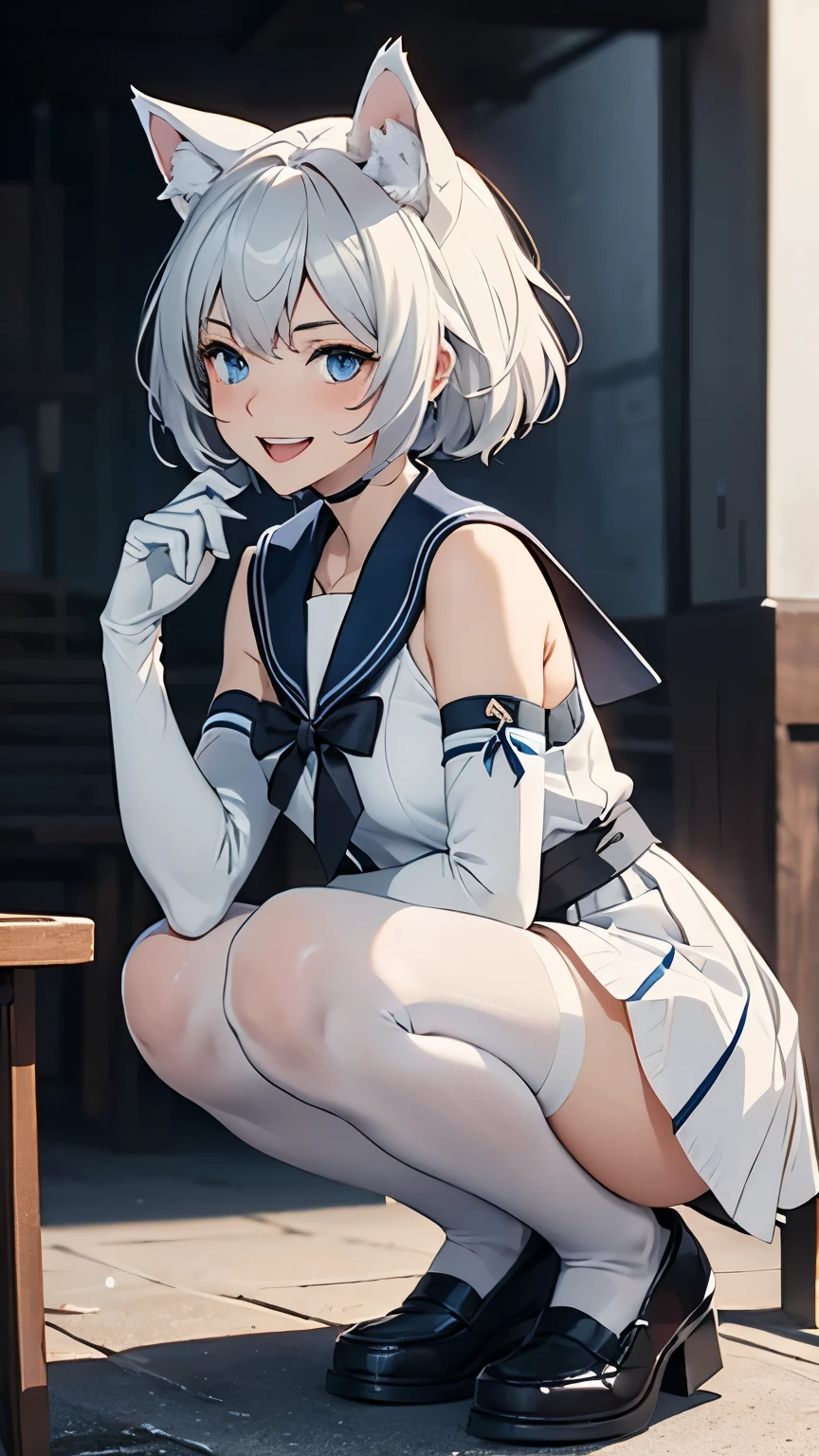 Tabletop High resolution Best image quality 8k Adult female Anime Style White long gloves(Elbow Gloves) White Sailor Suit(Sleeveless) mini skirt White Pantyhose White wolf ears short hair((Shortcuts)(Gray Hair)(Perm)(fluffy)) blue eyes Attractive face((Laughter)(smile)(Open your mouth)) squat loafers