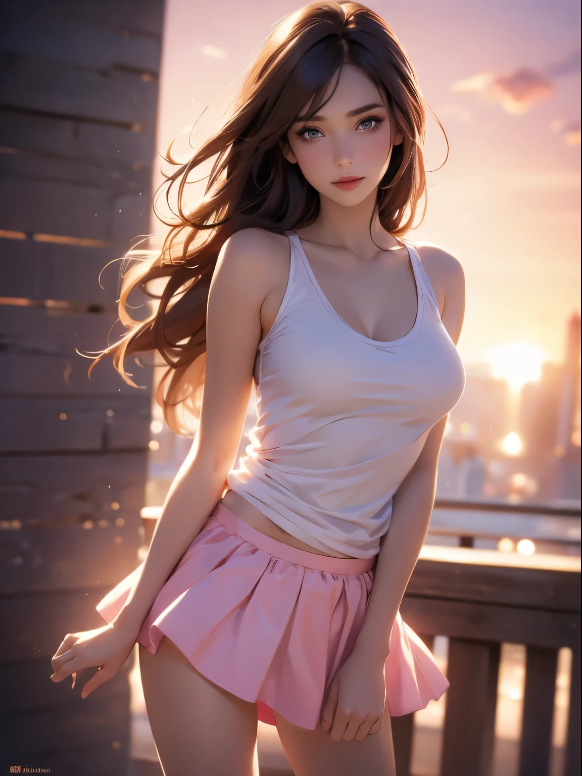 ((masterpiece)),((best quality)),((high detail)),((realistic,)), 1 shy girl, shy expression, elegant makeup, long brown hair, seductive eyes, bright lips, sexy pose, (beautiful detailed face: 1.0), smiling, feminine approach, tank top, tight t-shirt, white t-shirt, sensual cleavage, big breasts, pointed breasts, (perfect body), prominent nipples, bare abdomen, pink mini-skirt, wind blowing, panties under the skirt, white panties, standing and watching the sky, sunset in the city, tight clothes,