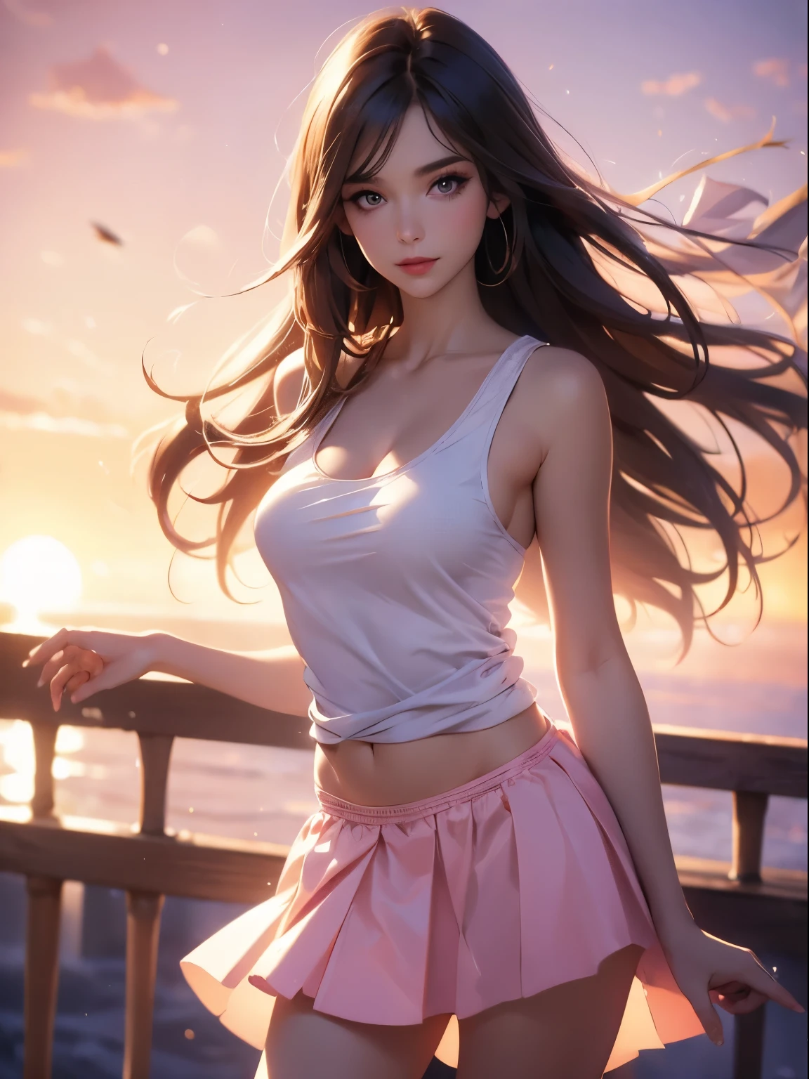 ((masterpiece)),((best quality)),((high detail)),((realistic,)), 1 shy girl, shy expression, elegant makeup, long brown hair, seductive eyes, bright lips, sexy pose, (beautiful detailed face: 1.0), smiling, feminine approach, tank top, tight t-shirt, white t-shirt, sensual cleavage, big breasts, pointed breasts, (perfect body), prominent nipples, bare abdomen, pink mini-skirt, wind blowing, panties under the skirt, white panties, standing and watching the sky, sunset in the city, tight clothes,