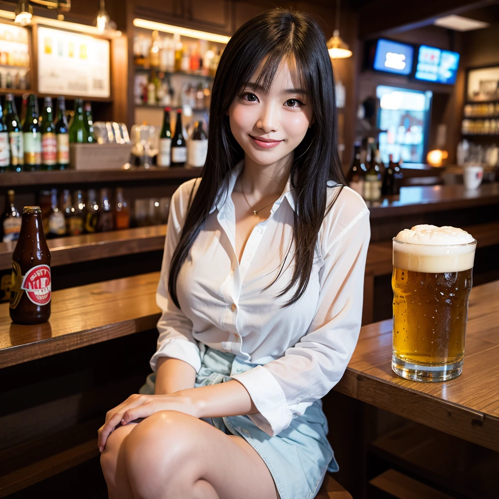 Highest quality,master piece,incredibly absurdres,high resolution,lens flare,a girl, one girl,solo focus,alone,full body,perfect anatomy,8k,a girl, one girl,solo focus,alone,Japanese women,Age 25,beautiful,beautiful,smile,teeth,beautiful目,Model-like style,sexy,Large Breasts,button-down shirt,Background is a beer bar,Sitting and holding a beer,Food on the table,one girl