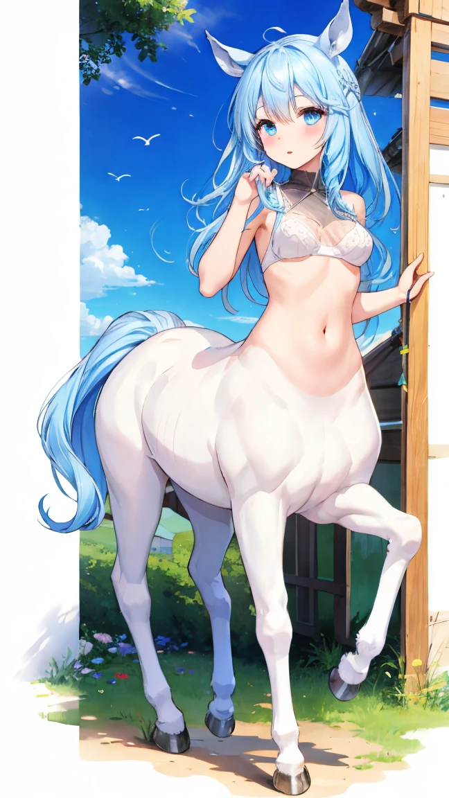 centaur, upper body of a pretty girl\(light blue hair, medium length hair, blue eyes, small breasts), lower body of a horse\(4legs, white horse, white body)