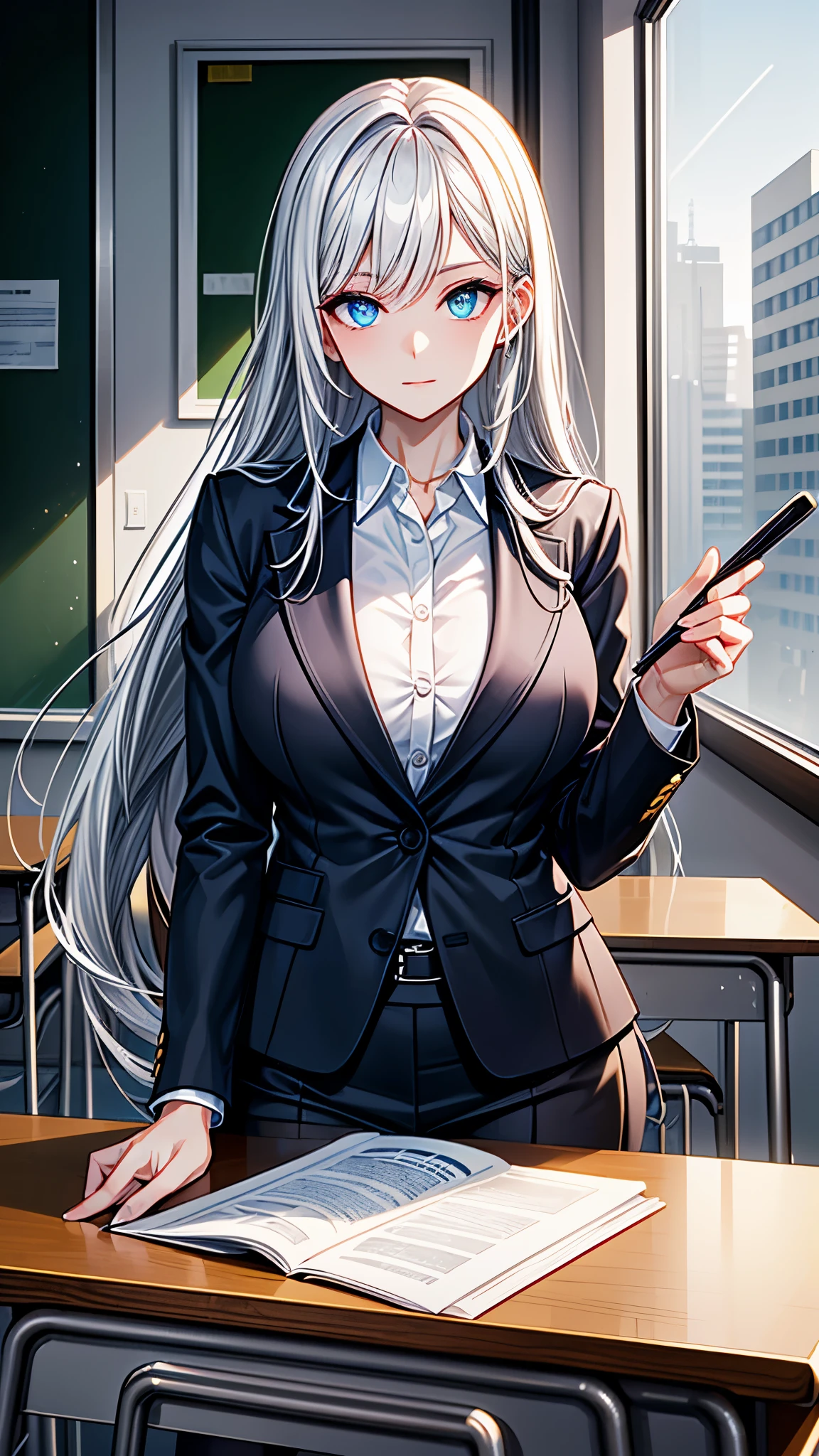 ((High Resolution)), ((Lighting and Color)), ((masterpiece)), ((Focus and Clarity)), A stunning woman with long, flowing white hair and striking blue eyes stands elegantly in a school setting. She is dressed in a stylish yet sophisticated outfit, perhaps a tailored blazer and skirt or a chic blouse and trousers. The school environment around her features modern classrooms with large windows, neatly arranged desks, and educational posters on the walls. Her confident and serene expression adds to her presence, while her bright blue eyes draw attention against her white hair. The setting exudes a blend of academic professionalism and subtle elegance, highlighting her unique and captivating beauty