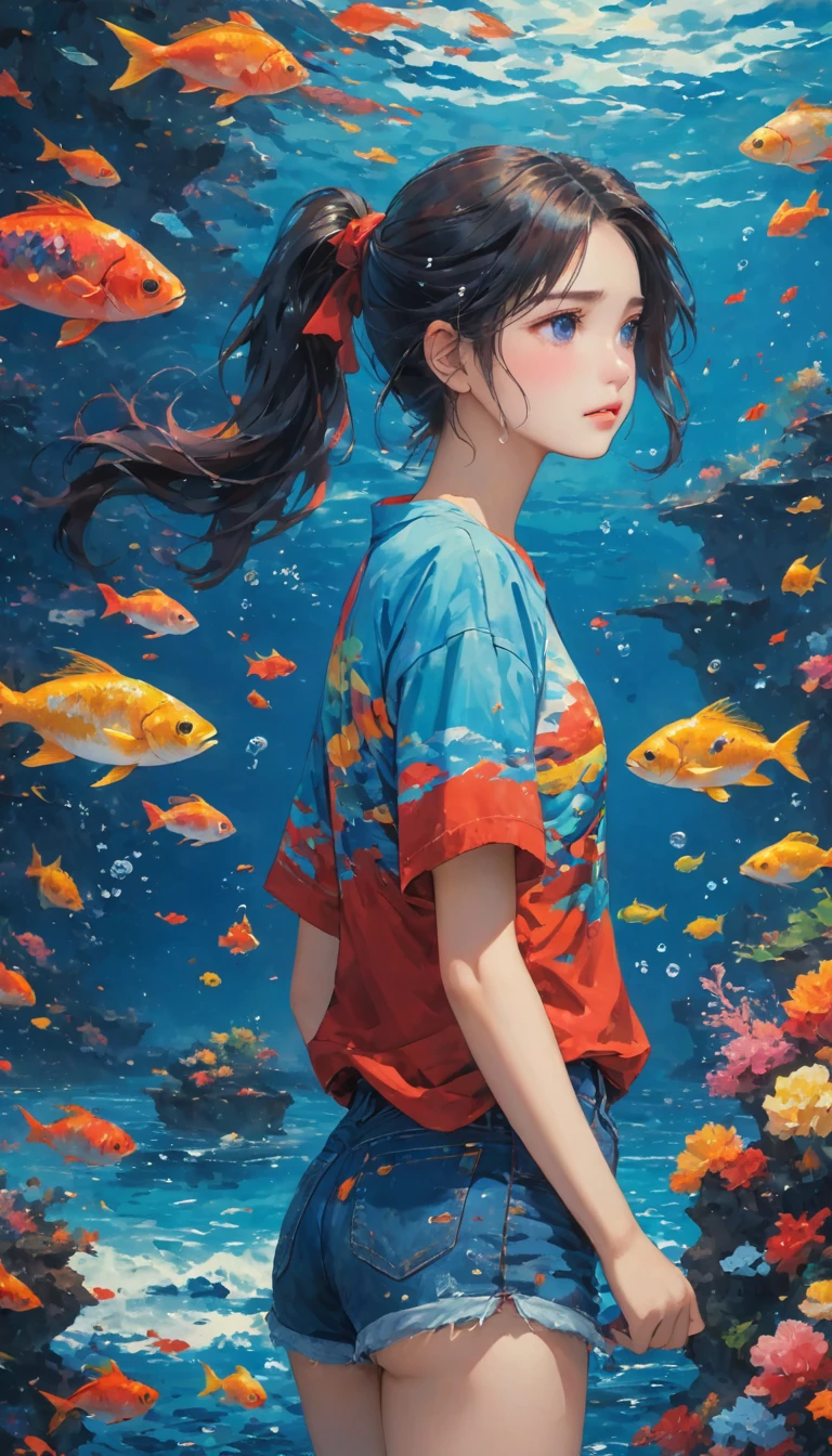 deep sea,Oil painting style,deep sea少女,Dark Tones,((deep sea里的帆船)),Sad expression,Tears,Schools of colorful fish,Red T-shirt,Blue denim shorts,Single ponytail