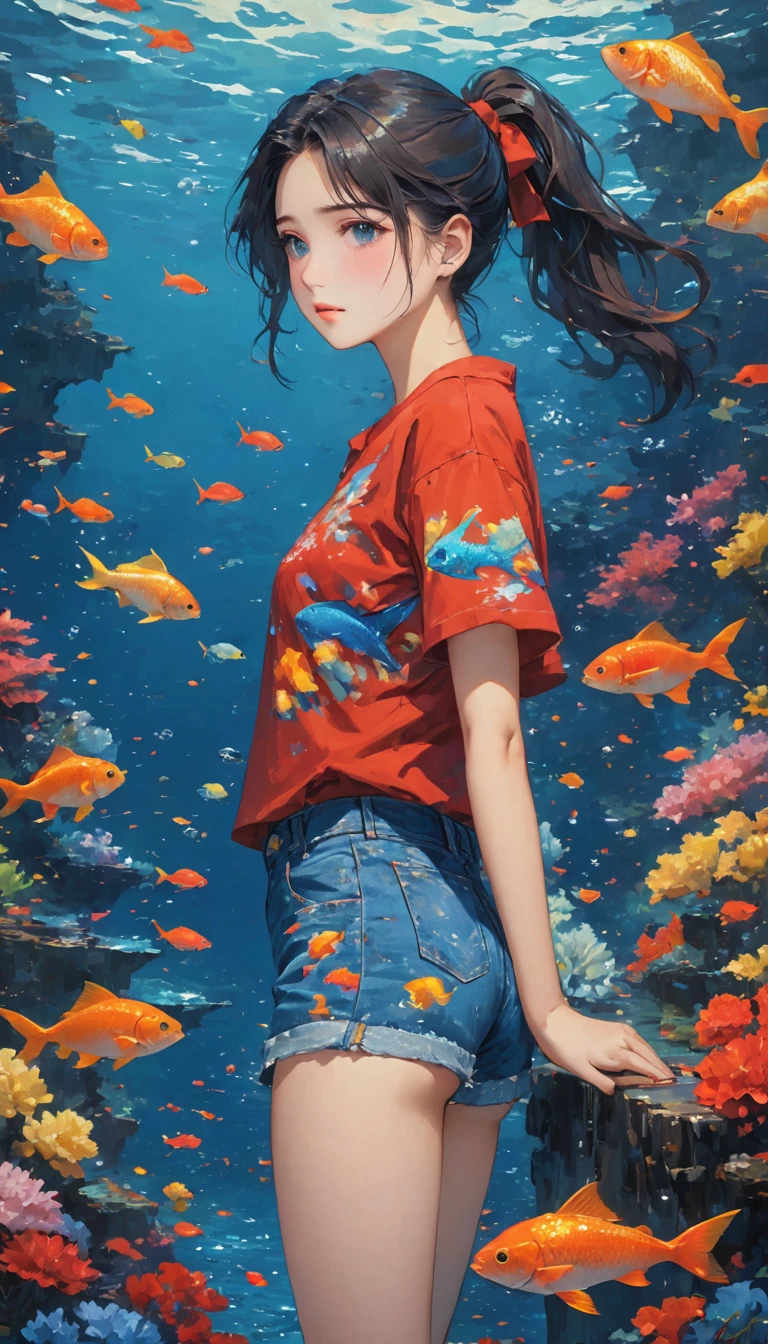 deep sea，Oil painting style，deep sea少女，Dark Tones，((deep sea里的帆船))，Sad expression，Tears，Schools of colorful fish，Red T-shirt，Blue denim shorts，Single ponytail