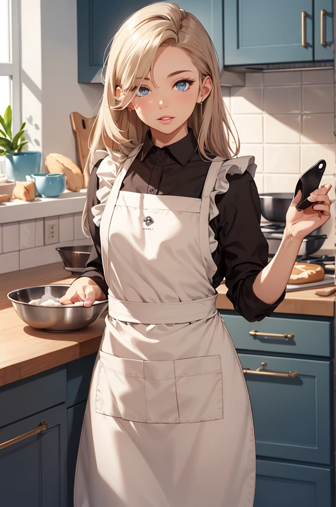 (masterpiece), best quality, expressive eyes, symmetrical eyes, perfect face, light blue eyes, long straight hair, ((light brown hair)), perfect skin, (femboy), ((small chest)), (mature adult), (no breasts), thick lips, dick bulge, ((solo)), ((cyan apron)), detailed background, kitchen, ((baking)), holding bowl