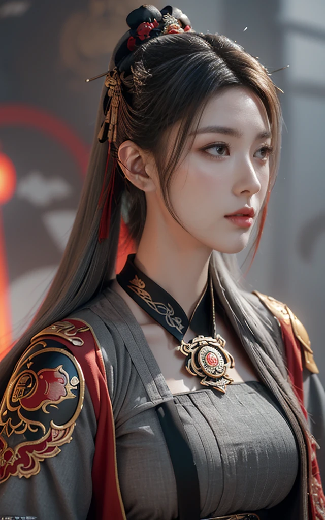 masterpiece,Game Art,Best picture quality,Maximum resolution,8K,(portrait),Unreal Engine 5 rendering works,(Digital Photography),((portrait Feature:1.5)),
20 year old girl,Short hair details,Long bangs,(The red eye makeup is carefully applied),(With long gray hair:1.4),(Large target, Full breasts),Elegance and nobility,Brave and charming,
(The future armor combines the characteristics of Chinese armor,hollow-carved design,Power Armor,Mysterious oriental runes,Exquisite clothing patterns,Magic Flash),Future Warrior,Cyberpunk Characters,War Background,
light,Ray Tracing,Game CG,((3D Unreal Engine)),OC rendering reflection mode