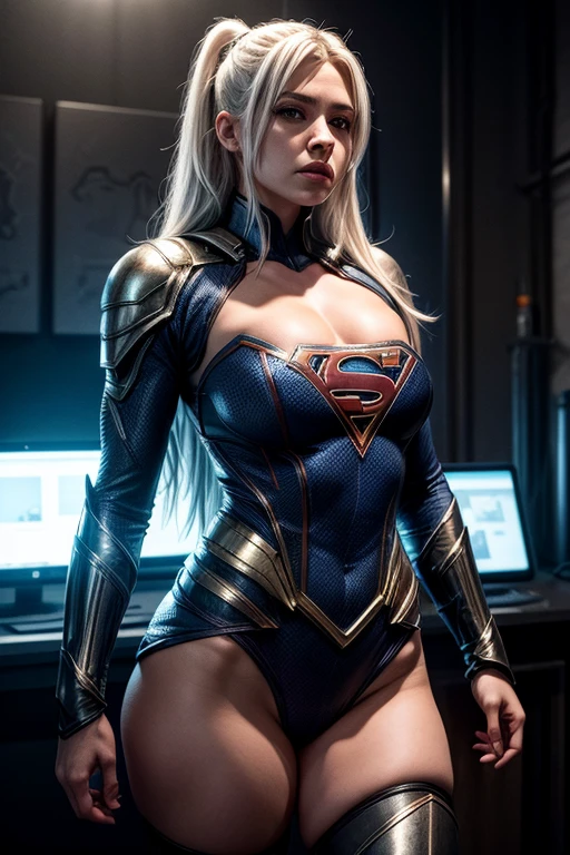 Supergirl Warrior, difficult, platinum white hair, Very white hair, blonde hair, incredibly beautiful, curvy body, thick thighs, huge breasts, in the background is a futuristic sci-fi apartment, hypermaximalist, roupas elegants, thin, Rich, elegant, hyperrealistic, Epic Details, full information, a high resolution, dynamic light blue lighting, rendering, Realism, photorealistic, ultra realistic, Октановый rendering, unreal engine, hyper detailed, Volumetric lighting, 8k reality, cinematic