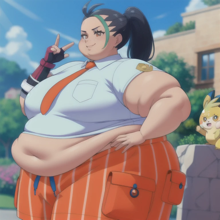 (masterpiece, best quality, absurdres, 4k, aesthetic, detailed, intricate, perfect lighting),outside,cinematic angle,1 fat girl, body plus, SSBBW, smug, peace sign,nemona (pokemon), streaked hair, ponytail, orange necktie, orange shorts, single glove, ,