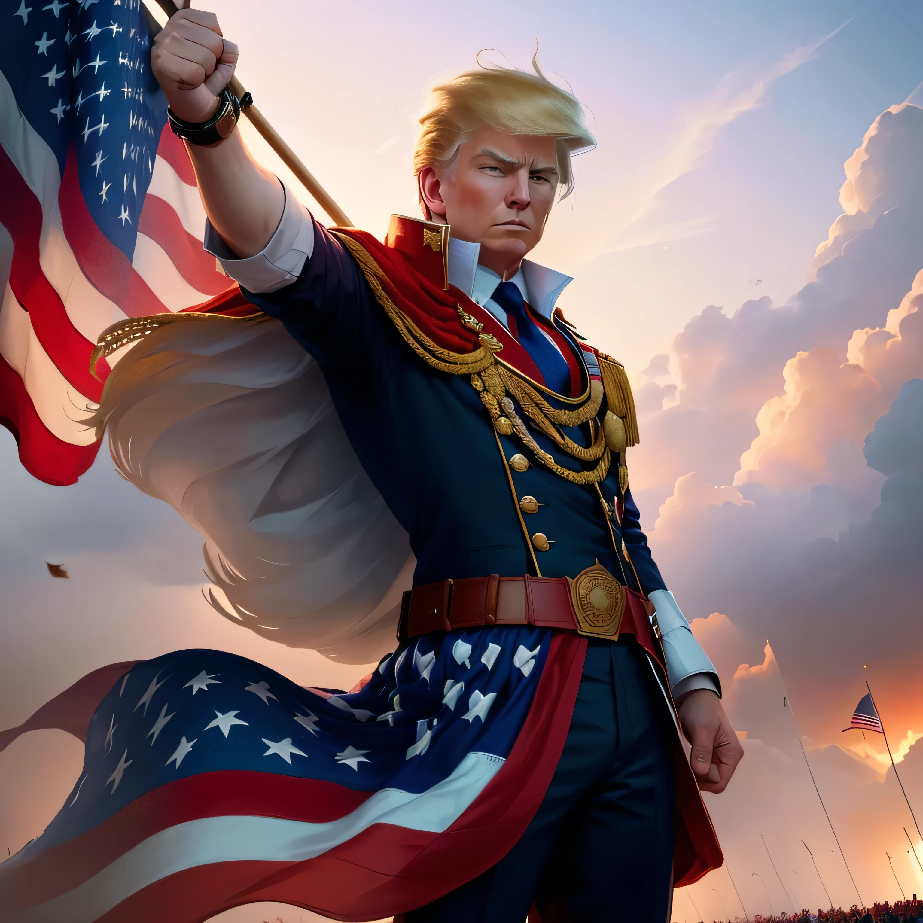 arafed image of a man holding a flag and raising his fist, standing triumphant and proud, one fist raised high in triumph, flag in hands up, arms held high in triumph, president donald trump, photo of donald trump, flag in his right hand, donald trump fortnite skin, donald trump, his cape is the american flag, triumphant, pastel painted, sketched