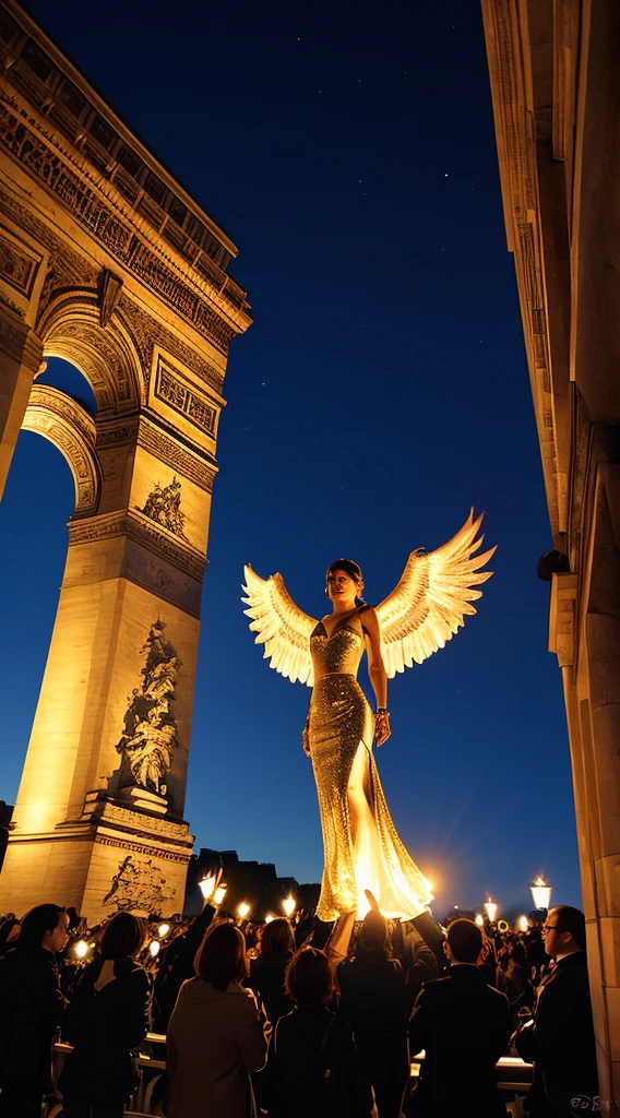 Arc de Triumphed, Champs-Élysées, Freedom fighter Female warrior, Fighting for freedom I have big eagle wings on my back so I can fly anywhere、Raise your hands high up to the sky、I always live in the Arc de Triomphe in France.、At night, a fire shines within the Arc de Triomphe to illuminate the darkness in people's hearts.、Absolutely invisible to humans、 (uhd, masterpiece, retina, anatomically correct, accurate, textured skin, super detail, high quality, high details, higher)