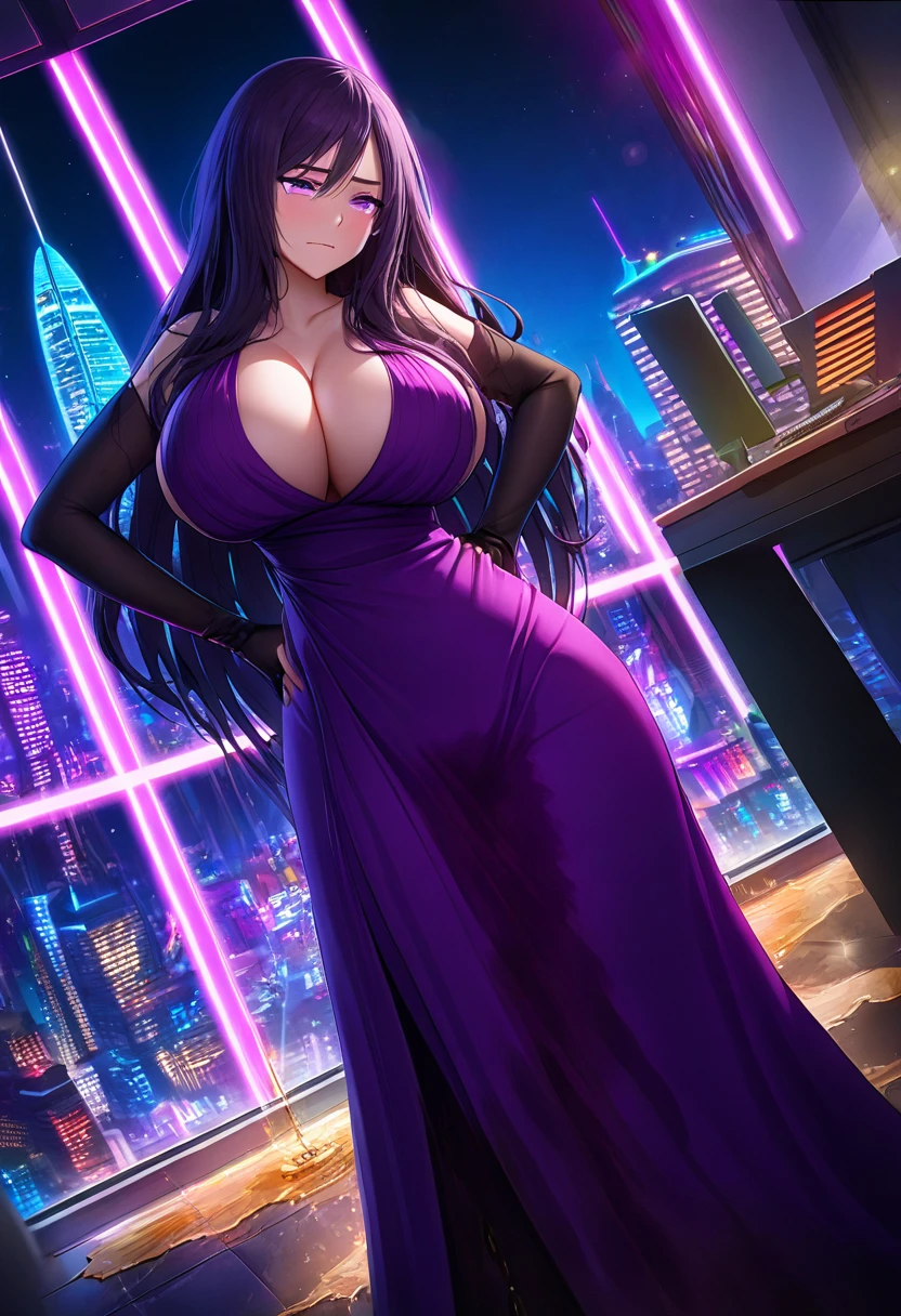 woman, man, very dark purple hair, purple eyes, long hair, large breasts, very long dress, very tight dress, standing straight, (wetting herself:1.5), best quality, ultra-detailed, HDR, studio lighting, professional, vivid colors, sharp focus, bokeh, landscape, office, night, window, cityscape, colorful city, neon lights, futuristic, science fiction, soft lighting, dynamic shadows, (embarrassed:1.25), (humiliation:1.25), (blushing:1.25), angry, tears, facing viewer, (hands on hips:1.5)