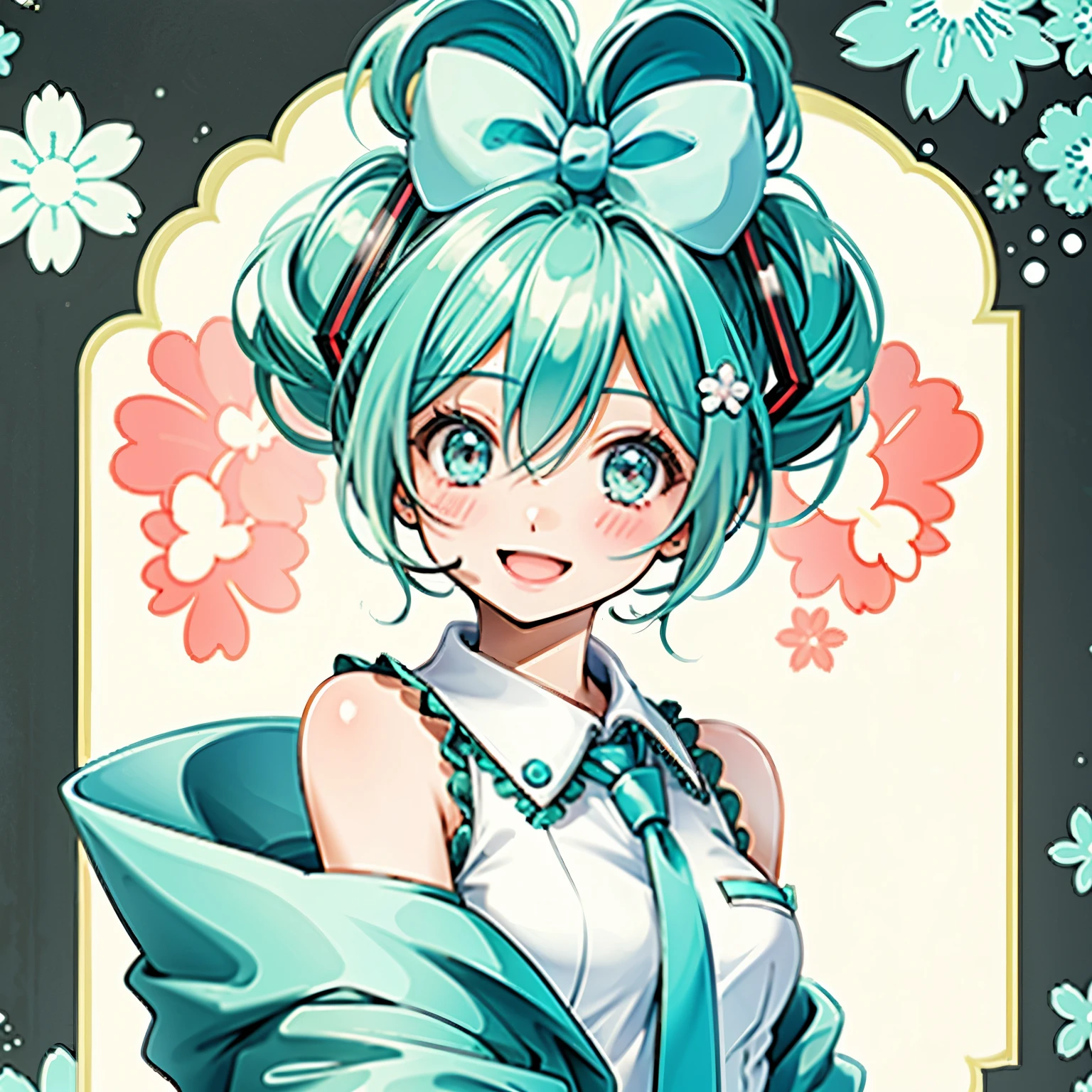 Cinnamiku,Short hair,Cute smile, blush, Pause, Floral Background,Open your mouth,Chibi Character,Highest quality