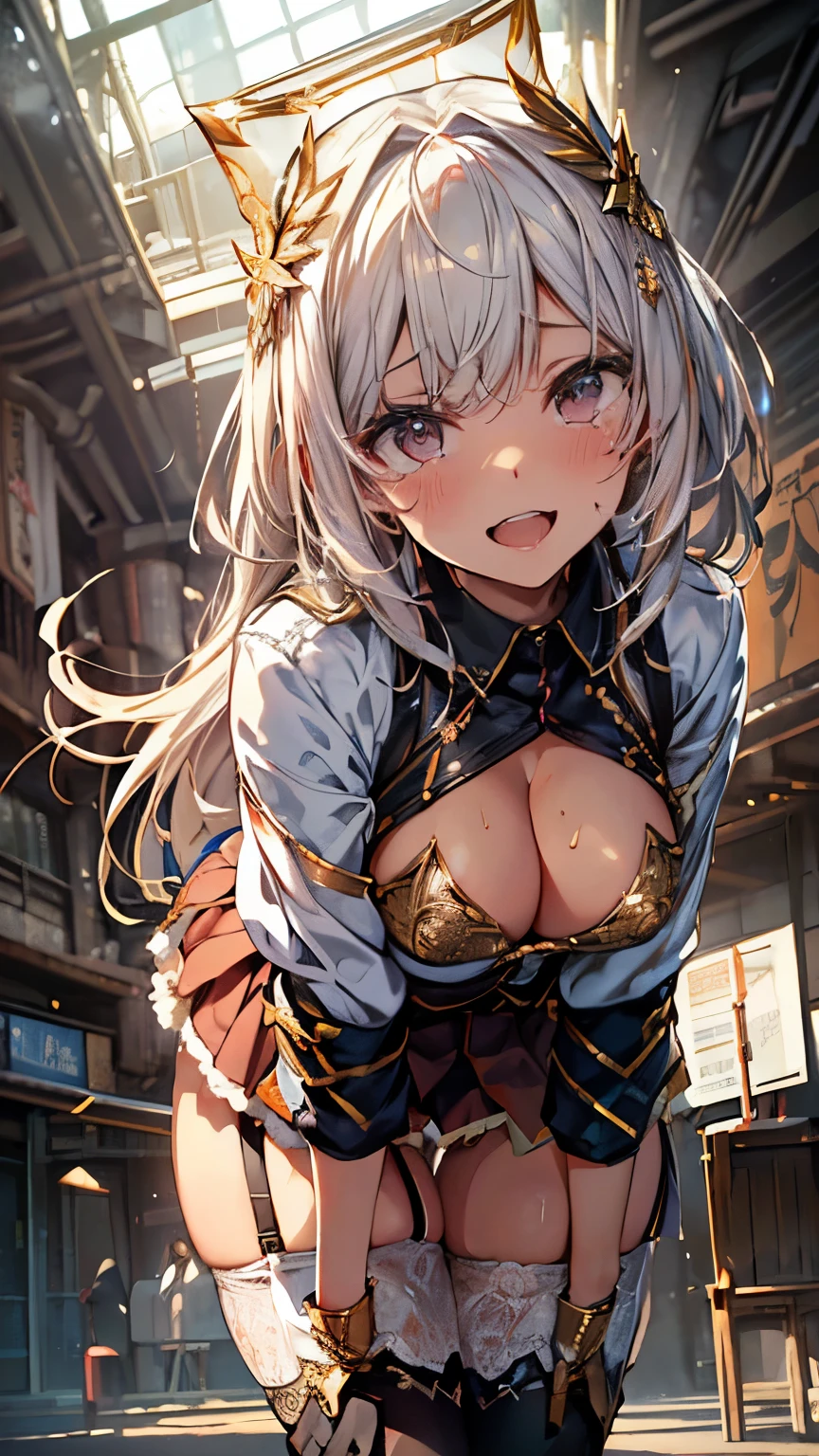 masterpiece,((highest quality)), very detailed, dynamic angle, (perfect hands),detailed shiny skin, thin hair, fine eyes,), amazing background, meaningful background, absurd background, artistic overlay,The style is surrealism, cinematic lighting, ray tracing,sacred light, white haired,red eyes,(soldier),(((orgasm))),(embarrassing,blush:1.3),(skirt),(T-back that digs into your butt,thong lingerie),(tears:1.2),(Sweat:1.1),((Leg spread:1.2)),Blake,((at the school:1.1)),(big breasts,thighs),(GOLD and White decoration:1.2,clothing:1.2),button-down shirt,((Squint eyes:1.2)),Japanese anime,((stockings,garter belt)),under boob,squat