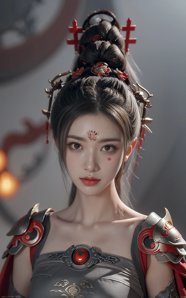 masterpiece,Game Art,Best picture quality,Maximum resolution,8K,(portrait),Unreal Engine 5 rendering works,(Digital Photography),((portrait Feature:1.5)),
20 year old girl,Short hair details,Long bangs,(The red eye makeup is carefully applied),(With long gray hair:1.4),(Large target, Full breasts),Elegance and nobility,Brave and charming,
(The future armor combines the characteristics of Chinese armor,hollow-carved design,Power Armor,Mysterious oriental runes,Exquisite clothing patterns,Magic Flash),Future Warrior,Cyberpunk Characters,War Background,
light,Ray Tracing,Game CG,((3D Unreal Engine)),OC rendering reflection mode