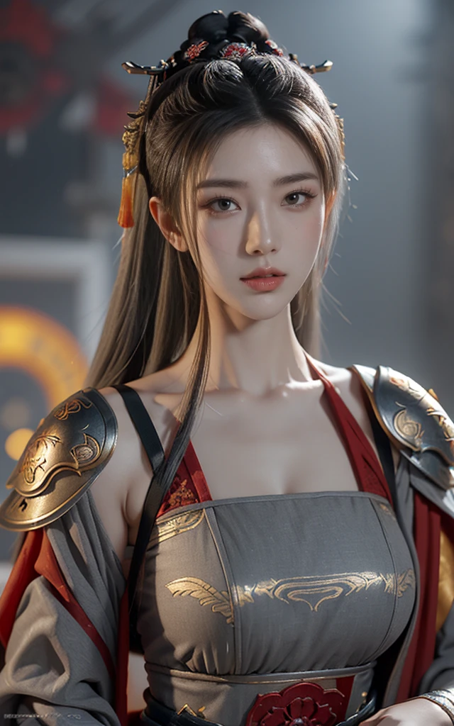 masterpiece,Game Art,Best picture quality,Maximum resolution,8K,(portrait),Unreal Engine 5 rendering works,(Digital Photography),((portrait Feature:1.5)),
20 year old girl,Short hair details,Long bangs,(The red eye makeup is carefully applied),(With long gray hair:1.4),(Large target, Full breasts),Elegance and nobility,Brave and charming,
(The future armor combines the characteristics of Chinese armor,hollow-carved design,Power Armor,Mysterious oriental runes,Exquisite clothing patterns,Magic Flash),Future Warrior,Cyberpunk Characters,War Background,
light,Ray Tracing,Game CG,((3D Unreal Engine)),OC rendering reflection mode
