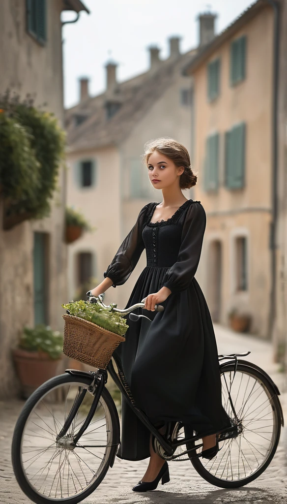 Surrealism:1.5,  bokeh, youthful aesthetic, riding a bicycle, french village, High quality DSLR snapshots, High definition film grain photo taken in f/16, ISO 100, With 200mm lens, Global illumination, fibonacci, black gown