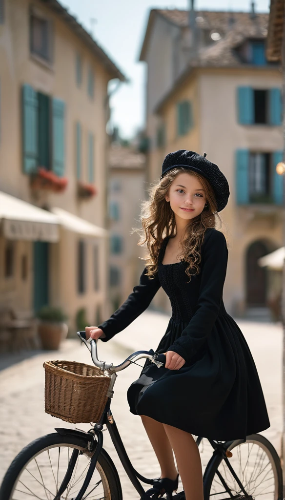 Surrealism:1.5, bokeh, youthful aesthetic, riding a bicycle, french village, High quality DSLR snapshots, High definition film grain photo taken in f/16, ISO 100, With 200mm lens, Global illumination, fibonacci, black gown