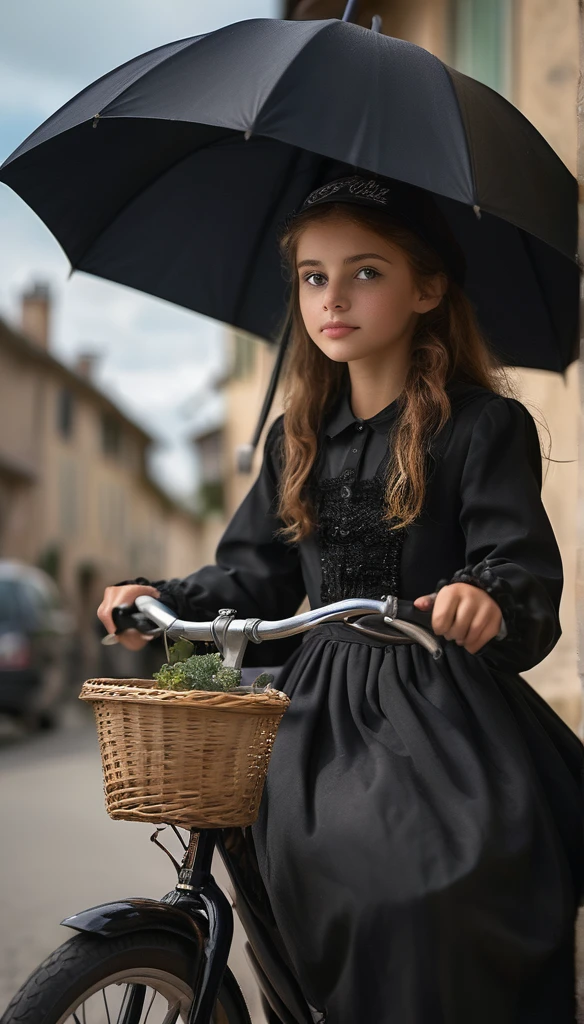 Surrealism:1.5, bokeh, youthful aesthetic, riding a bicycle, french village, High quality DSLR snapshots, High definition film grain photo taken in f/16, ISO 100, With 200mm lens, Global illumination, fibonacci, black gown