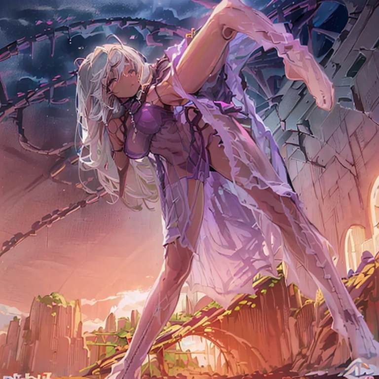 (8k, Realistic, RAW Photos, Highest quality, (from below:2), View your viewers: 1.3), (Fox Girl, Fox Ears, Silver Hair, One Girl, Long Hair, (Alone on the screen, dark skin), High definition:1.6), (Purple clothes, See-through Dress:1.8), (Body measurements are 99-55-77!, Nice body, Big Breasts, slender, muscle, (Stand with your legs apart, I can see the valley, bent over):1.9),(美しいface, Delicate drawing, It is written down in detail), Avatar, face, 色っぽいface, Dominant representation, naughty face, Uplifting, Skin Texture, outside, ruins, Ruined City, Broken Building, There are no people