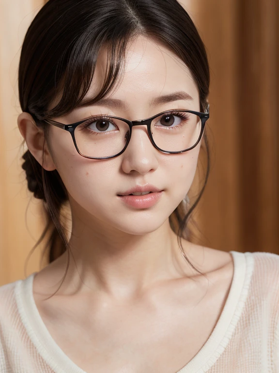 So cute like an idol、Cute and adorable、Full body portrait、 Natural light、Accurate、Anatomically correct、Textured skin、Super Detail、 Attention to detail、Highest quality、High resolution、Genuine、realism、Genuine、masterpiece、V-neck shirt、Glasses、Pointed nipples are visible、Hair Up、Izakaya background、