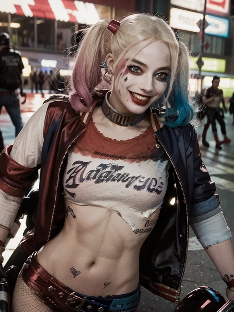 Creating Harley Quinn (Harley Quinn) Image of riding a Harley motorcycle. She looks bold.,Very adventurous, With a mischievous smile on his face, As she travels through the vibrant urban landscape. The powerful motorcycle and her confident demeanor highlight her rebellious and energetic.