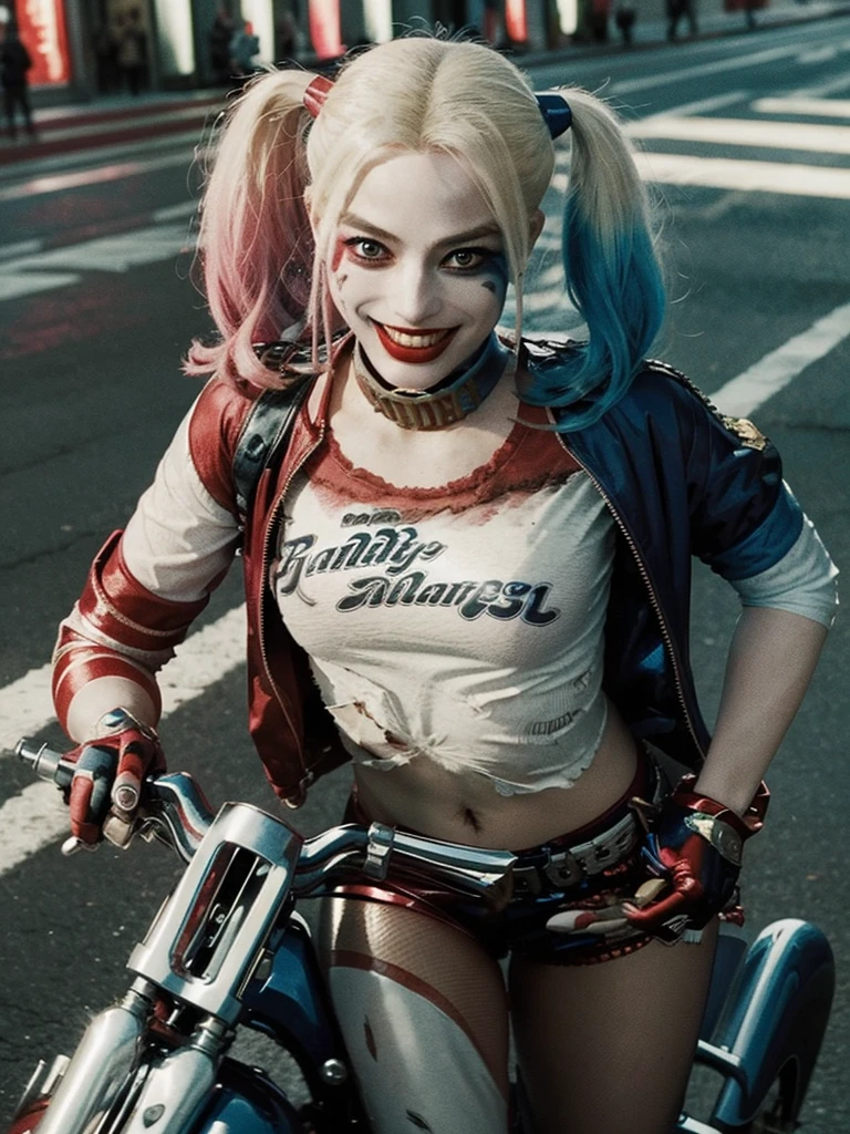 Creating Harley Quinn (Harley Quinn) Image of riding a Harley motorcycle. She looks bold.，Very adventurous, With a mischievous smile on his face, As she travels through the vibrant urban landscape. The powerful motorcycle and her confident demeanor highlight her rebellious and energetic.