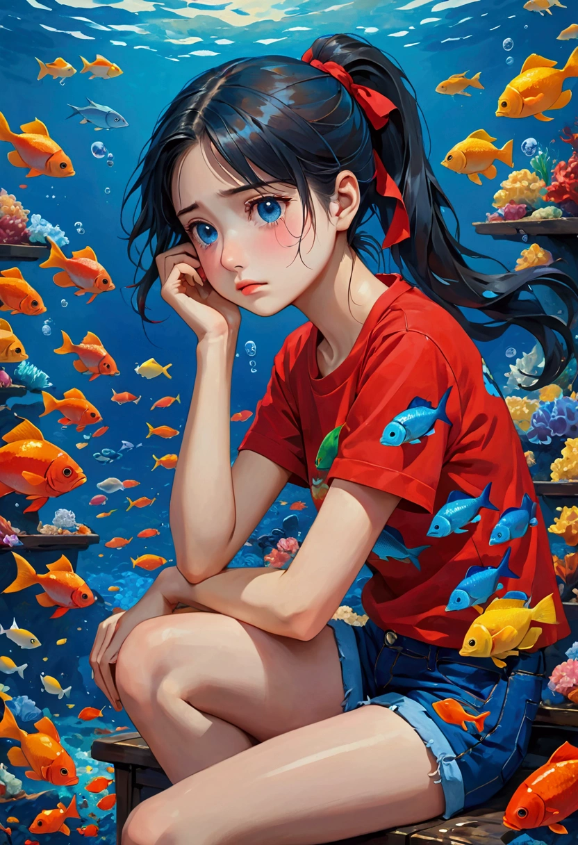 deep sea,Oil painting style,deep sea少女,Dark Tones,((deep sea里的帆船)),Sad expression,Tears,Schools of colorful fish,Red T-shirt,Blue denim shorts,Single ponytail