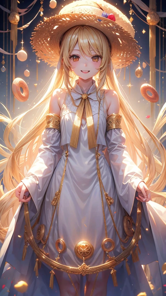 Blonde long straight hair、Donut shop、Golden Eyes、White sleeveless、Straw hat、vampire、 body type、Highest quality、Double teeth、cute、Inside the store、display shed