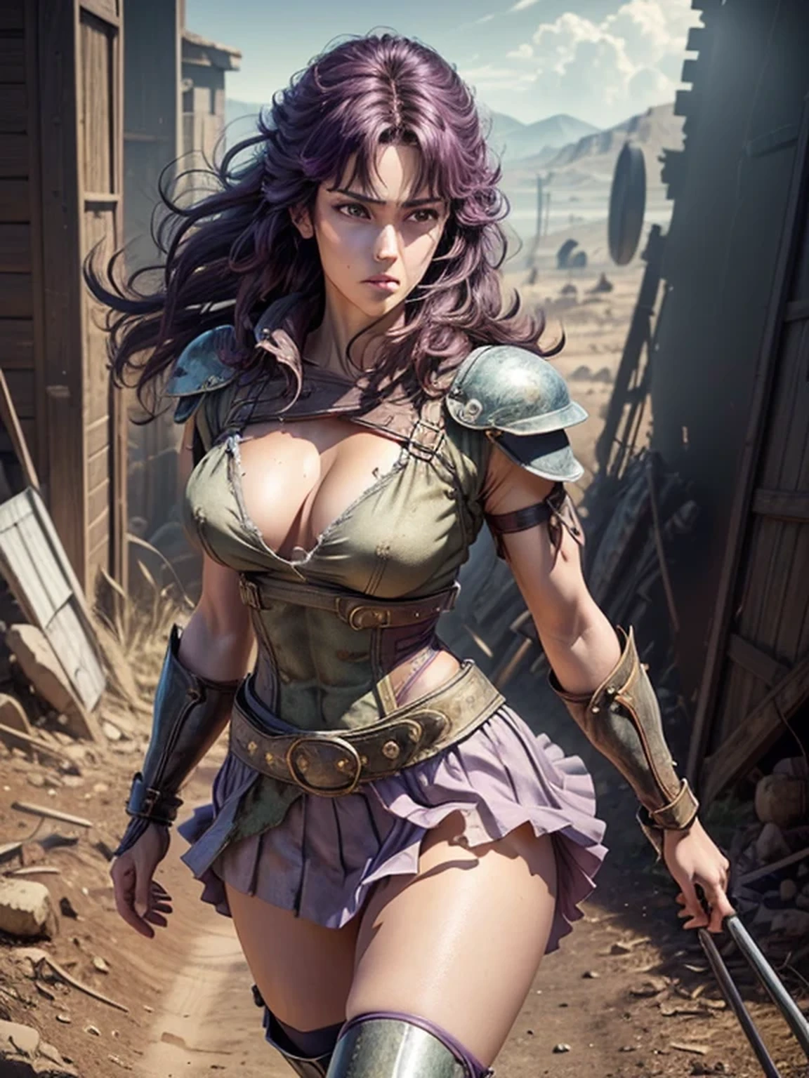 Fist of the North Star style, (Mamiya, muscular female, Light purple white shoulder guard, Shiny boots that reach the thighs), boots are navy blue, (Wearing a very short Flared miniskirt, Flared mini skirt are Light purple white, Light purple white short sleeve shirt, The shirt and skirt are made of the same material), 25 years old, Light purple white arm guard, Perfectly shaded body, Skin texture details, Muscular body details, (soft smiling:0.8), BREAKsexy pose, erotic body, Have a yo-yo, Sharp Eyes, pale blue eyes, (Bluish purple hair, Lightly wavy hair, Fluttering Hair, Lightly brush your hair up), firm big breasts, sexy thighs, fit and trained body with well defined muscles, long legged, muscular abdomen, Cleavage, warrior outfit, desolate wasteland, Well-formed face, slender, sensual, large breasts, (cool beauty), ruined world, threatening pose, A pretty woman with perfect figure, anime realism style, Accessories on the waist, devastating landscape, like a Mad Max, Light shines through the gaps in the clouds, Furrow one's brow, Dramatic art style, High heels, Highly detailed CG, (Perfect detail:1.1), high definition, high definition and beautiful, 8k wallpaper, natural soft lighting, HDR, Realistic Skin, Depth of written boundary, (masterpiece:1.2, Highest quality), (Detailed eyes and face:1.3), Sexy Body, sexy face, Clear facial features, The nipples are prominently, Partially visible panties, anime background art, The thighs are a little thick, overcast, Extremely finely detailed, 