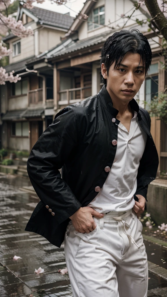 photo of an anime character (jujutsu KAISEN) named "yuta okkotsu" with black hair, sharp eyes, "jujutsu kaisen" shirt with buttons on the side, white, long black Jujutsu kaisen trousers, with cherry blossom petal effect that was flying, and the falling raindrops were drenching, and the white sword was stuck on his back, he was walking with a black wolf. along with a realistic rural background.