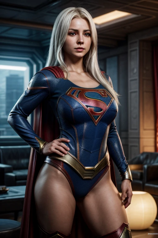 Supergirl Warrior, difficult, platinum white hair, Very white hair, blonde hair, incredibly beautiful, curvy body, thick thighs, huge breasts, in the background is a futuristic sci-fi apartment, hypermaximalist, roupas elegants, thin, Rich, elegant, hyperrealistic, Epic Details, full information, a high resolution, dynamic light blue lighting, rendering, Realism, photorealistic, ultra realistic, Октановый rendering, unreal engine, hyper detailed, Volumetric lighting, 8k reality, cinematic