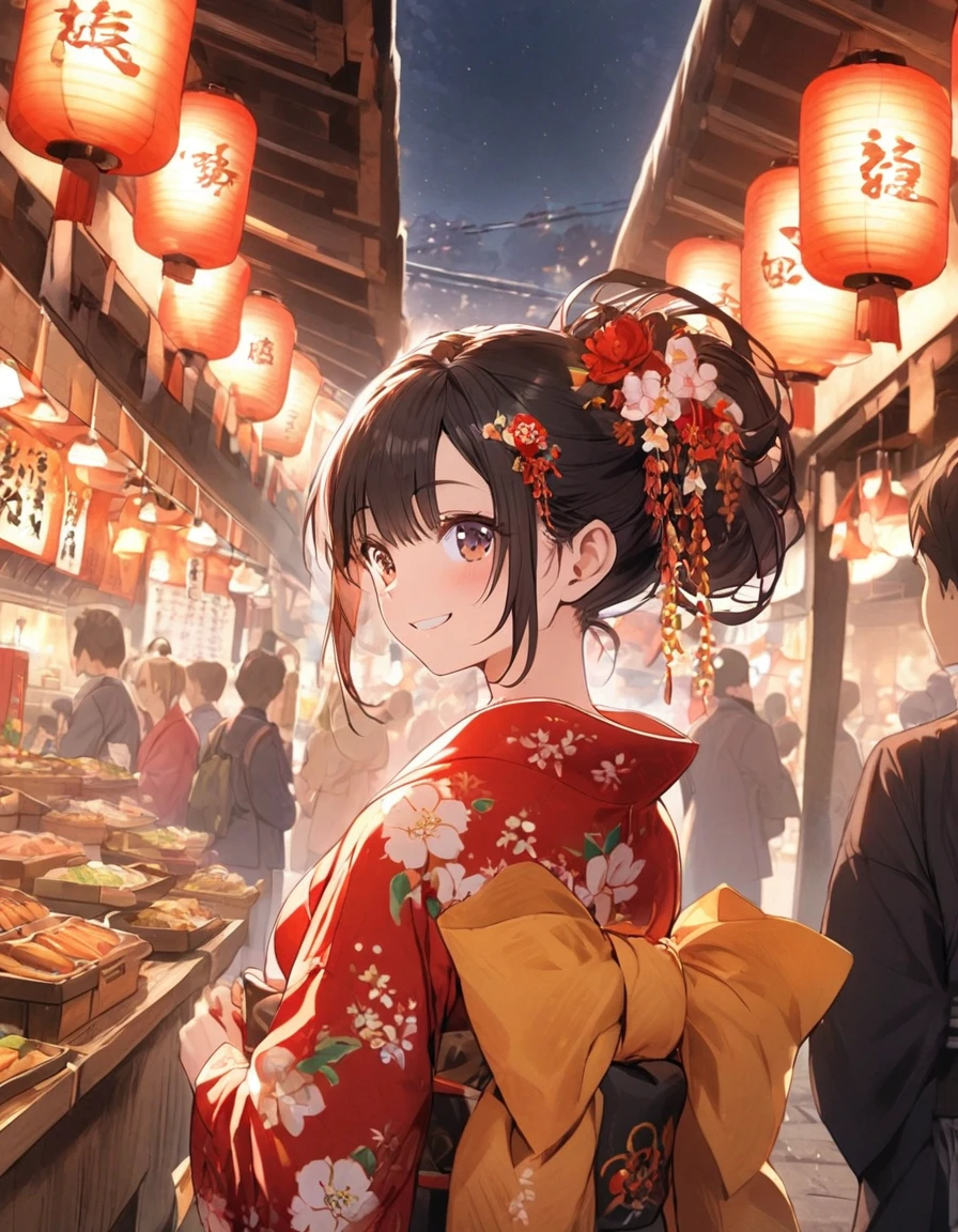 1girl,Tied hair, hair ornaments, festivals, yukata, shrines, bright lanterns, turning around, smiling, food stalls, night
