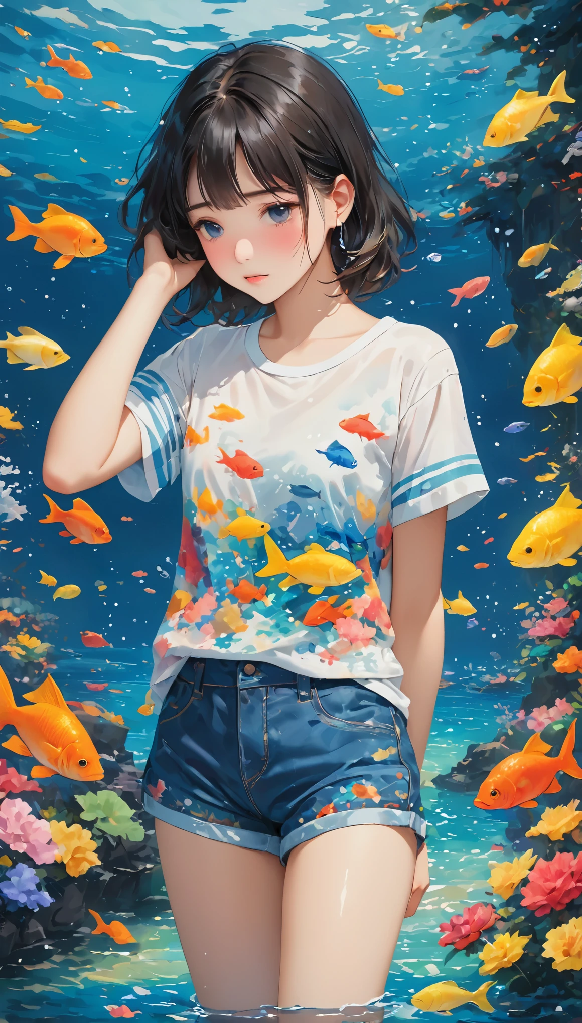 deep sea,Oil painting style,deep sea少女,deep sea里的船,Sad expression,Tears,Schools of colorful fish,Short sleeve shorts