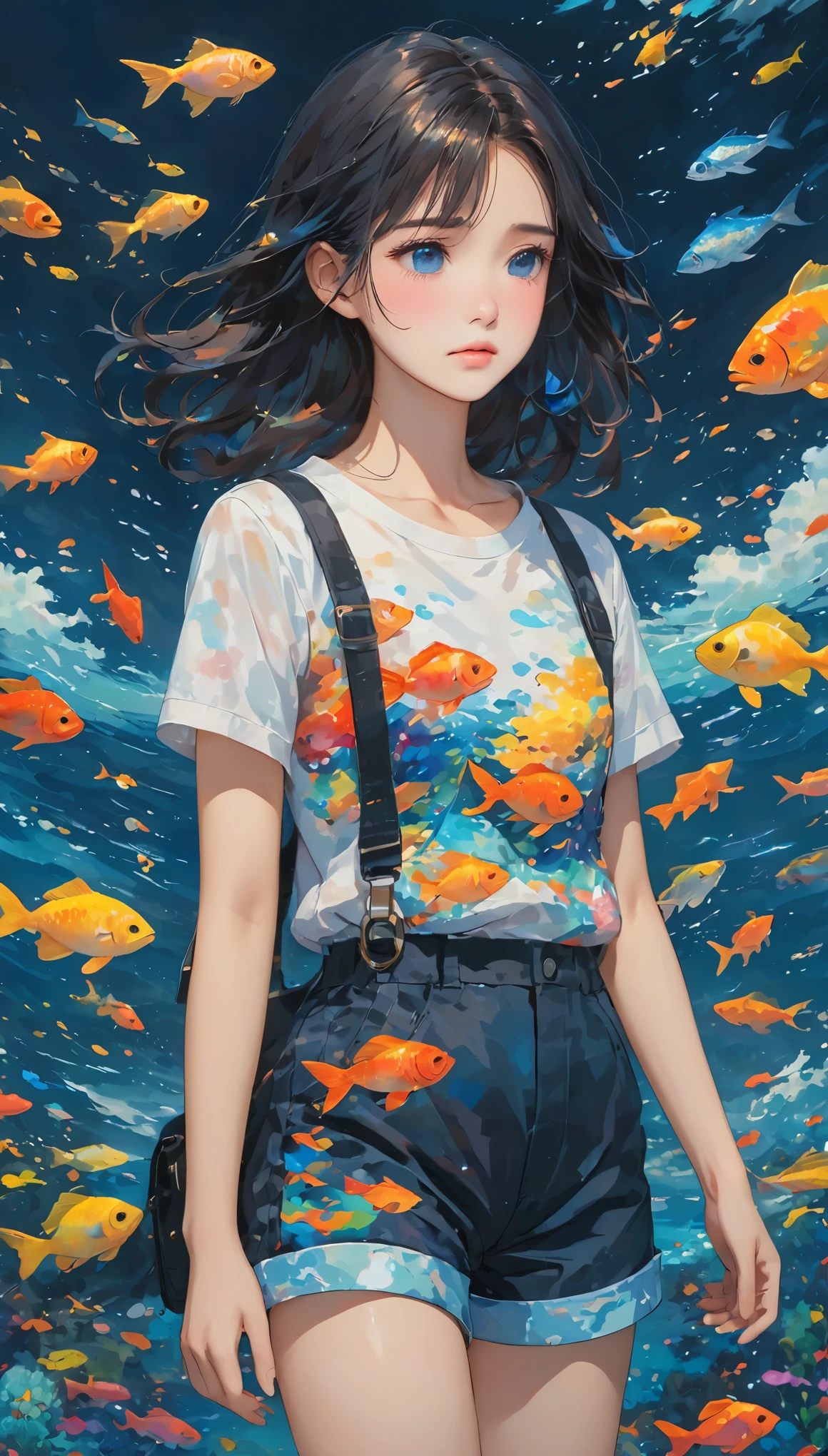deep sea，Oil painting style，deep sea少女，Dark Tones，((deep sea里的帆船))，Sad expression，Tears，Schools of colorful fish，Short sleeve shorts