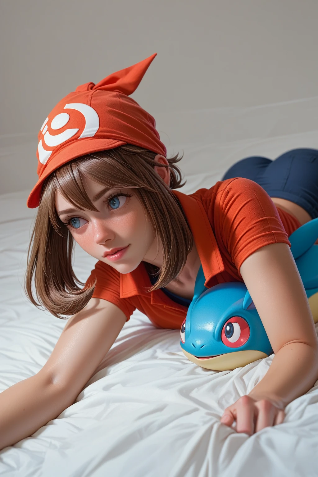 An adorable milf in sexy bedroom cosplay as Pokemon Squirtle, sexy poses on bed
