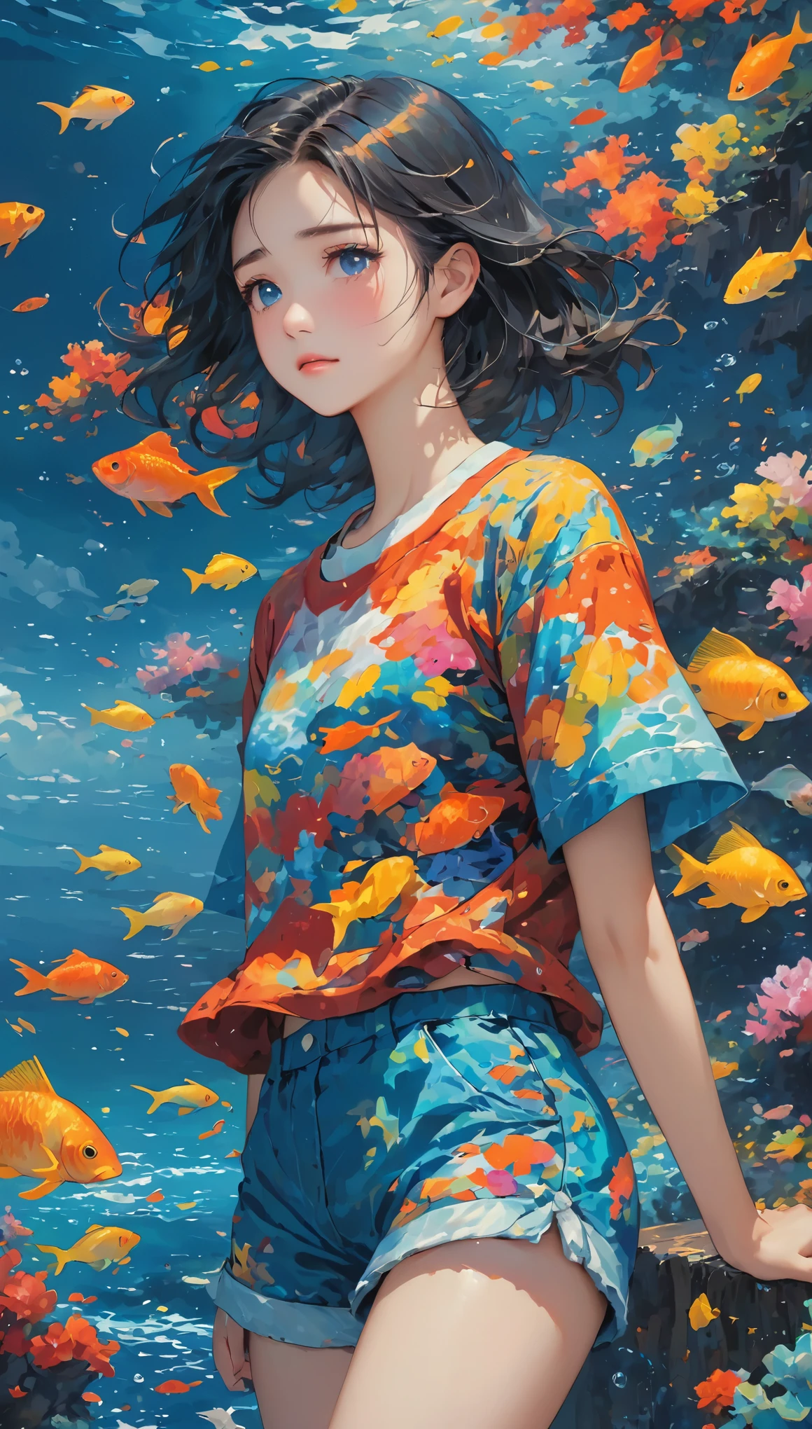 deep sea，Oil painting style，deep sea少女，Dark Tones，((deep sea里的帆船))，Sad expression，Tears，Schools of colorful fish，Short sleeve shorts