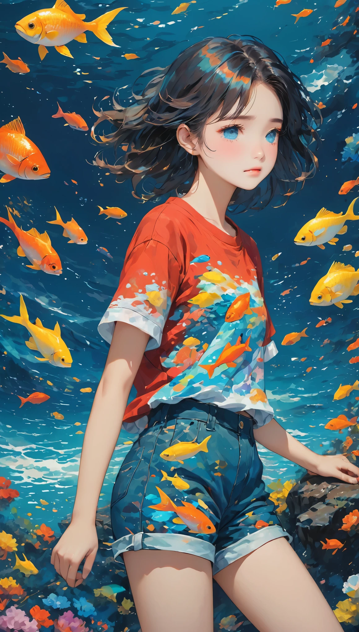 deep sea,Oil painting style,deep sea少女,Dark Tones,((deep sea里的帆船)),Sad expression,Tears,Schools of colorful fish,Short sleeve shorts