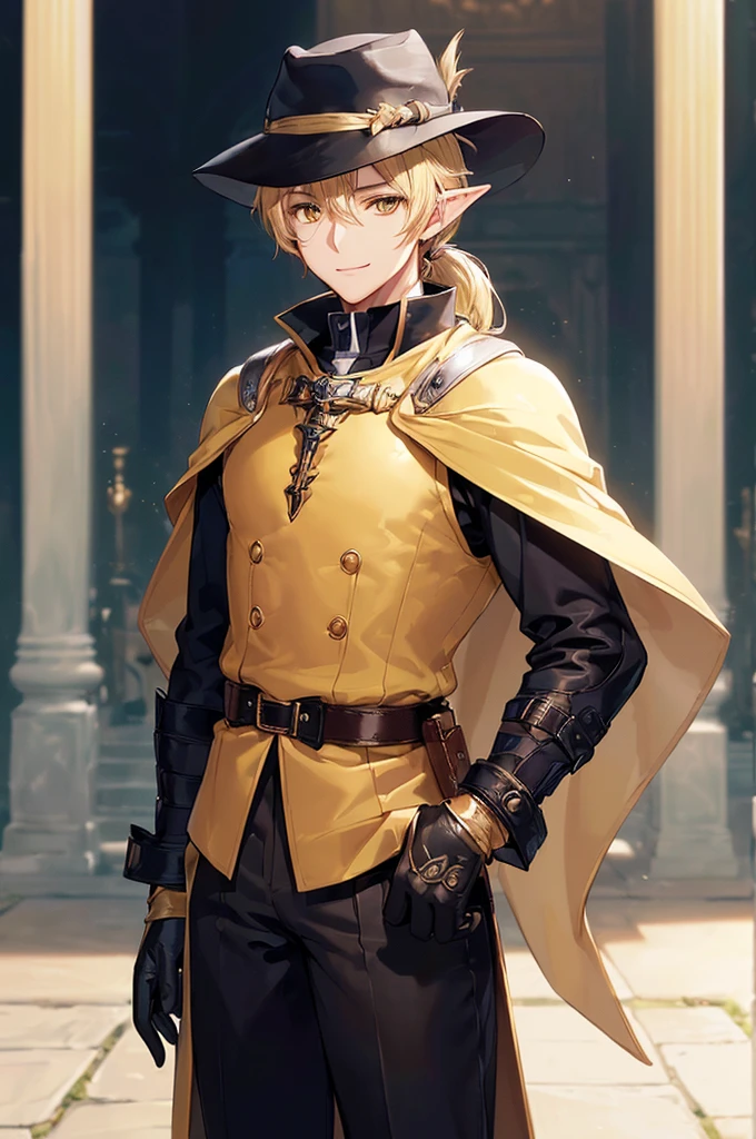 (((masterpiece; best quality: 1.2))), (finely detailed eyes: 1.3), (25 year old elf man), (solo), (yellow eyes: 1.4), (body; toned, fit, masculine: 1.3), (silky blonde hair in low ponytail: 1.3), (beautiful and clear background: 1.2), ((depth of field)), (equipment: adventurer garb + modest + elegant wide-brimmed hunter hat + overcoat + shirt + long cape + black pants + gloves + belt + pouches: 1.3), (anime illustration: 1.2), (background composition; royal garden: 1.1), (extremely fine and handsome: 1.1), (shot composition; standing + centered on torso + close-up: 1.5), (expression; calm, smile: 1.2)