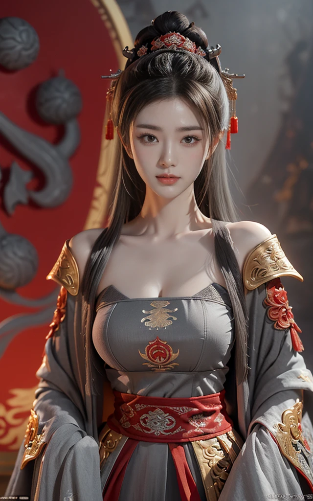masterpiece,Game Art,Best picture quality,Maximum resolution,8K,(portrait),Unreal Engine 5 rendering works,(Digital Photography),((portrait Feature:1.5)),
20 year old girl,Short hair details,Long bangs,(The red eye makeup is carefully applied),(With long gray hair:1.4),(Large target, Full breasts),Elegance and nobility,Brave and charming,Smiling at the camera，
(The future armor combines the characteristics of Chinese armor,hollow-carved design,Power Armor,Mysterious oriental runes,Exquisite clothing patterns,Magic Flash),Future Warrior,Cyberpunk Characters,War Background,
light，Ray Tracing，Game CG，((3D Unreal Engine))，OC rendering reflection mode