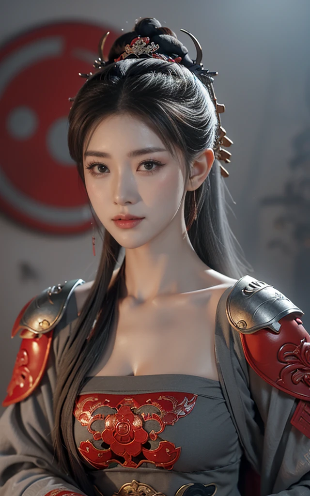 masterpiece,Game Art,Best picture quality,Maximum resolution,8K,(portrait),Unreal Engine 5 rendering works,(Digital Photography),((portrait Feature:1.5)),
20 year old girl,Short hair details,Long bangs,(The red eye makeup is carefully applied),(With long gray hair:1.4),(Large target, Full breasts),Elegance and nobility,Brave and charming,Smiling at the camera，
(The future armor combines the characteristics of Chinese armor,hollow-carved design,Power Armor,Mysterious oriental runes,Exquisite clothing patterns,Magic Flash),Future Warrior,Cyberpunk Characters,War Background,
light，Ray Tracing，Game CG，((3D Unreal Engine))，OC rendering reflection mode