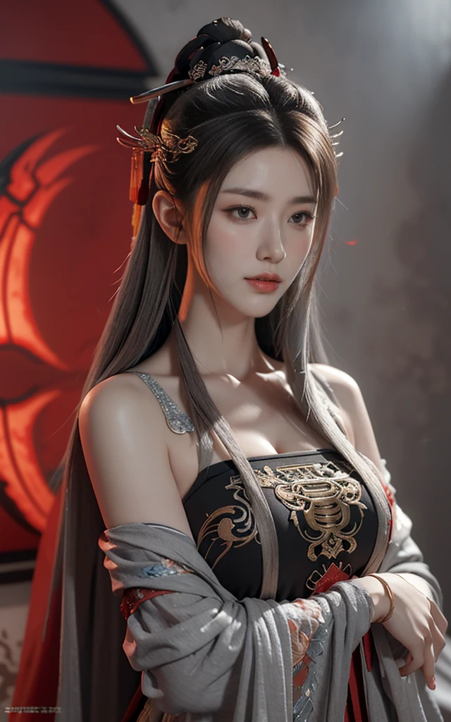masterpiece,Game Art,Best picture quality,Maximum resolution,8K,(portrait),Unreal Engine 5 rendering works,(Digital Photography),((portrait Feature:1.5)),
20 year old girl,Short hair details,Long bangs,(The red eye makeup is carefully applied),(With long gray hair:1.4),(Large target, Full breasts),Elegance and nobility,Brave and charming,Smiling at the camera,
(The future armor combines the characteristics of Chinese armor,hollow-carved design,Power Armor,Mysterious oriental runes,Exquisite clothing patterns,Magic Flash),Future Warrior,Cyberpunk Characters,War Background,
light,Ray Tracing,Game CG,((3D Unreal Engine)),OC rendering reflection mode