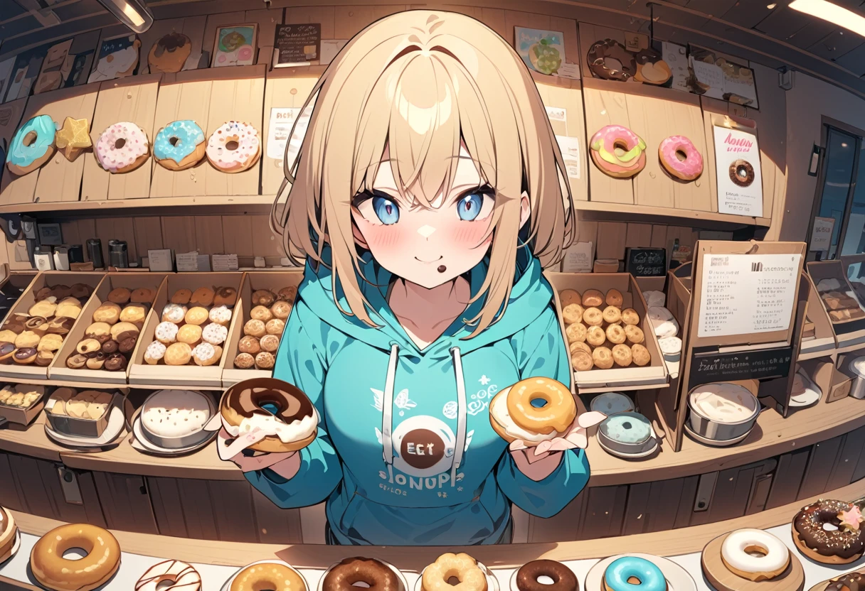 (masterpiece), ((Highest quality)), ((Very detailed)), ((High resolution)) ,((8k)), 1 Female, (((Chewing a donut))), Holding a donut in each hand, Wearing a hoodie, Happy smile, donut shop, tray, trayの上に山盛りのカラフルなドーナツ, Inside the store, Eat-in, Taking a bird's-eye view