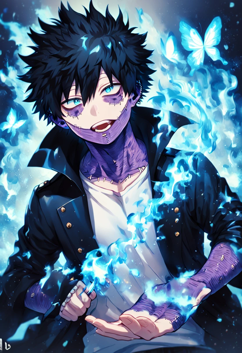 absurdres, highres, ultra detailed, HDR, master piece, best quality, extremely detailed face, delicated features, Dabi, black hair, expressive turquoise eyes, Boku No Hero Academia, solo, sexy man, handsome, black coat, white T-shirt, fantasy, magical, blue fire butterflies, fire flowers, blue fire, blue flames, blue flames in the background 