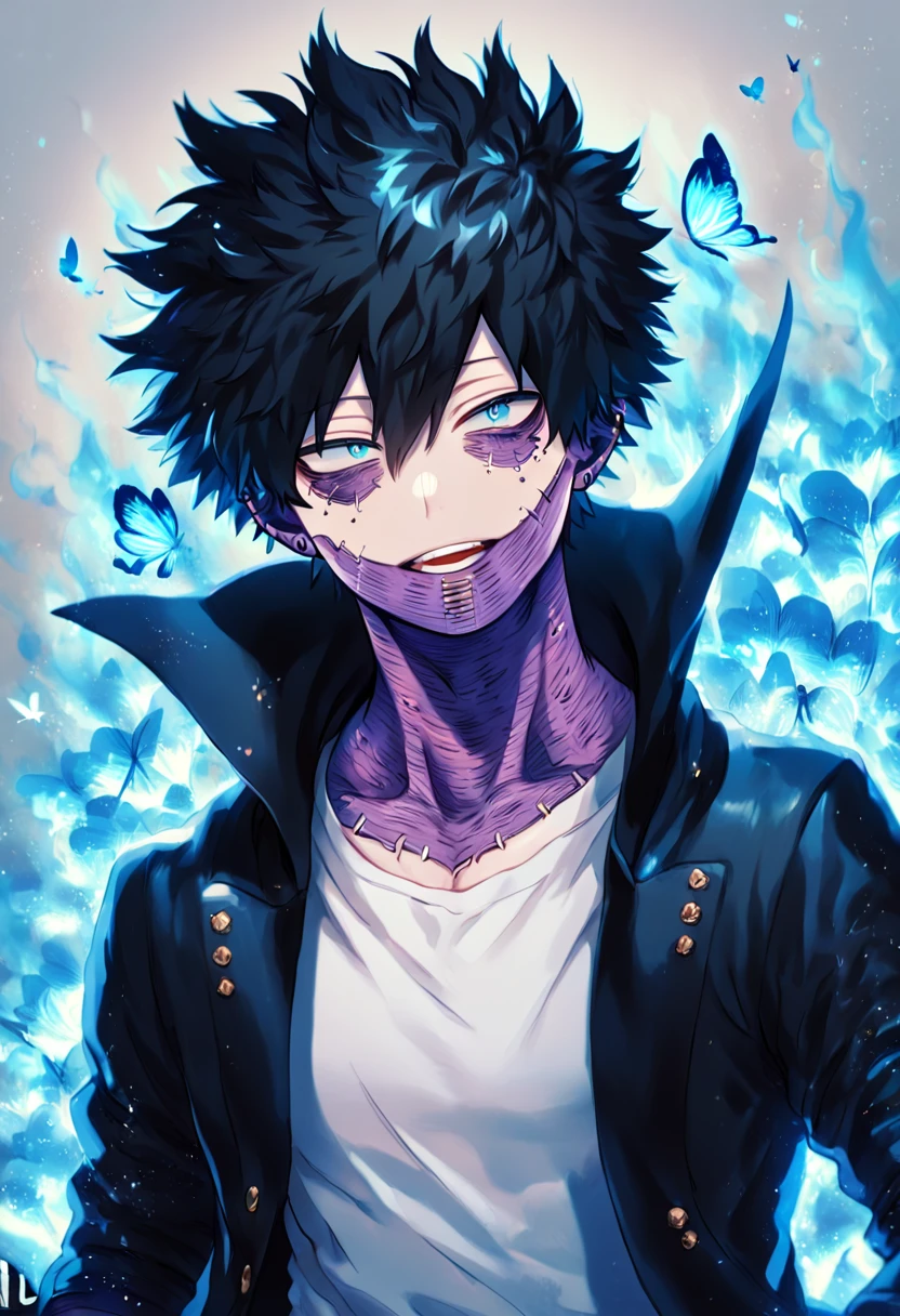 absurdres, highres, ultra detailed, HDR, master piece, best quality, extremely detailed face, delicated features, Dabi, black hair, expressive turquoise eyes, Boku No Hero Academia, solo, sexy man, handsome, black coat, white T-shirt, fantasy, magical, blue fire butterflies, fire flowers, blue fire, blue flames, blue flames in the background 