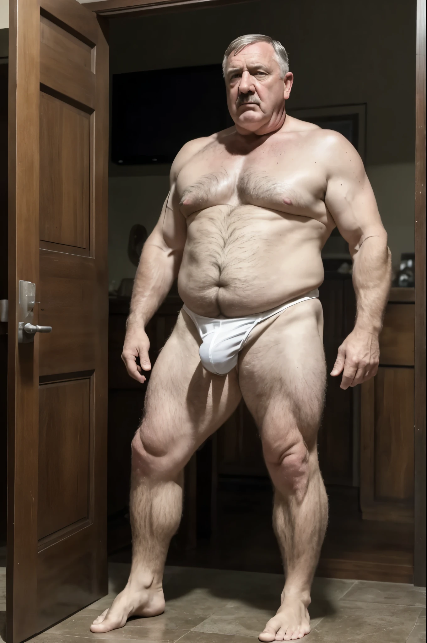 mature old man, grandpa, dad, daddy, virile, tough, fat, stocky, massive feet, clear eyes, hairy body, white bodyhair, adolf hitler, pale skin, bulging, dickprint, micro thong, barefoot, standing, movie photography, intricate details